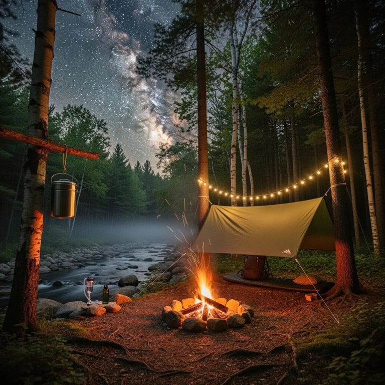 A small green tarp shelter sits between tall pine and birch trees, glowing softly under a sky full of stars and the bright Milky Way. A cozy campfire lights up the ground while mist drifts over a nearby stream. A food container hangs high from a branch, and tiny string lights twinkle between the trees.