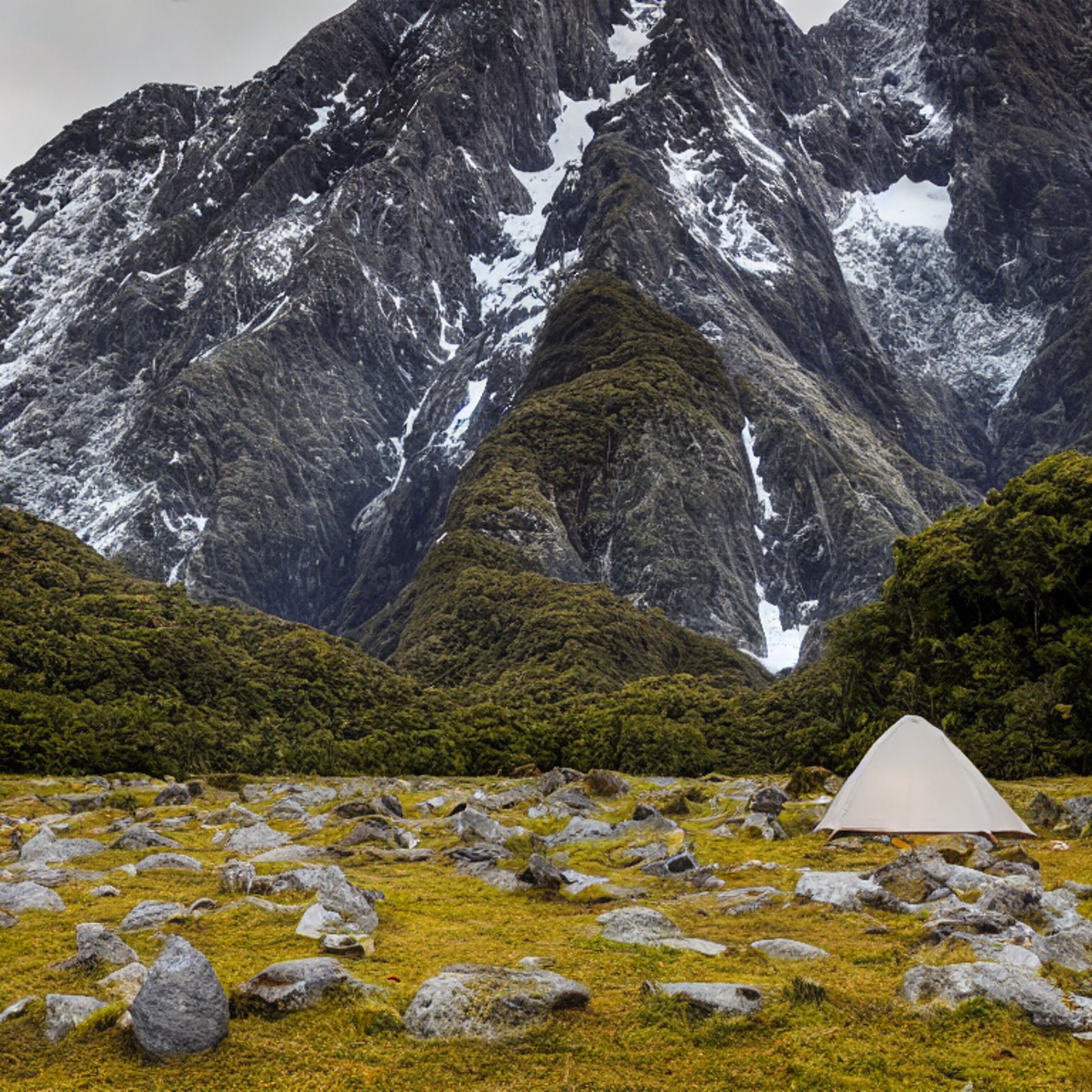A bright, multicolored tent rests on a paved campsite in Milford Sound at night. Rocky ground, gravel patches, and large stone slabs give the camp a wild, rugged feel.