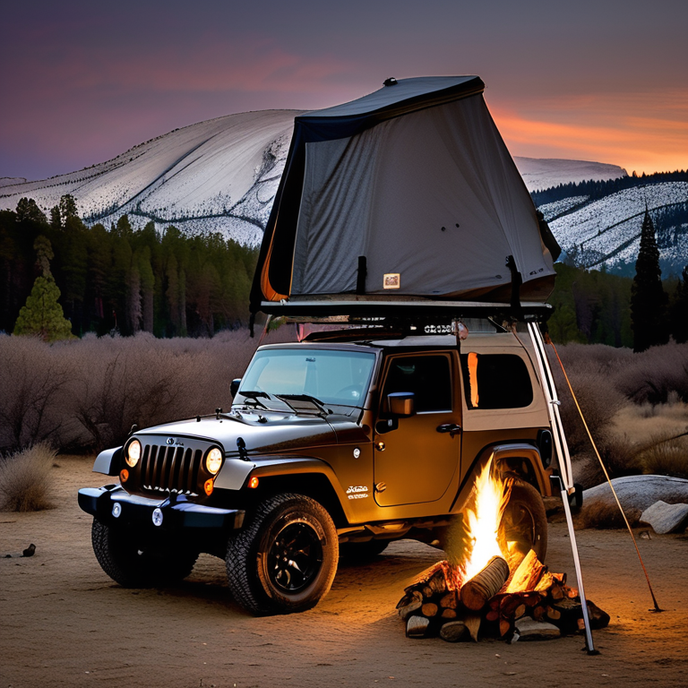 A brown Jeep with a rooftop tent rests beside a warm campfire in snowy Yosemite. A hammock hangs between the trees, while a deer stands quietly in the distance. A small lantern lights the dirt campsite as dusk settles in.