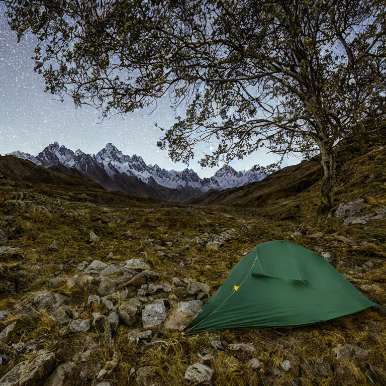 A green camo tent glows softly in a quiet dirt campsite beneath the moon. Fog drifts through Mount Cook National Park, with small flowers and patches of stone gravel around the tent.