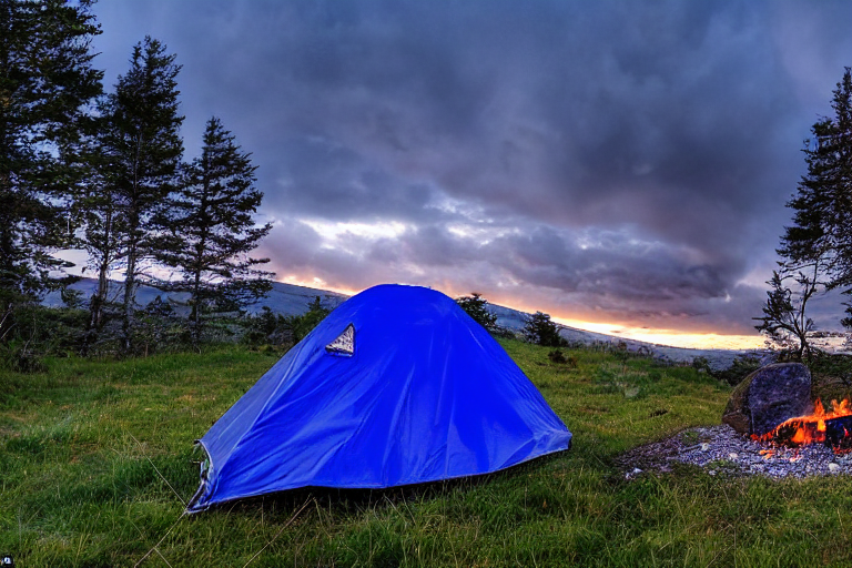 A blue tent rests beside a warm campfire near a bubbling hot spring. Rolling hills, stormy sunset clouds, and a distant deer create a peaceful wild setting, with berry bushes nearby.