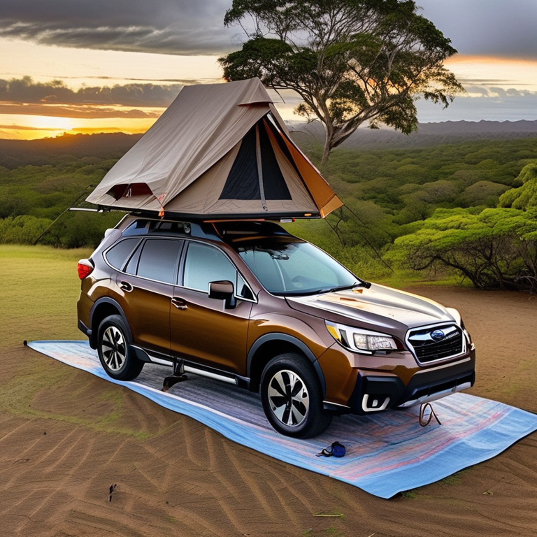A brown Subaru with a rooftop tent rests at a quiet campsite under a starry Hawaiian sky. Tall trees surround the paved spot, while a wooden guitar lies near the dirt patch.