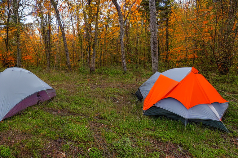 A gray and orange tent rests beside a quiet creek, surrounded by tall grass and bright fall trees. A small campfire sits on a dirt clearing with logs nearby, while warm light glows inside the tent. Sunlight fills the peaceful campsite.