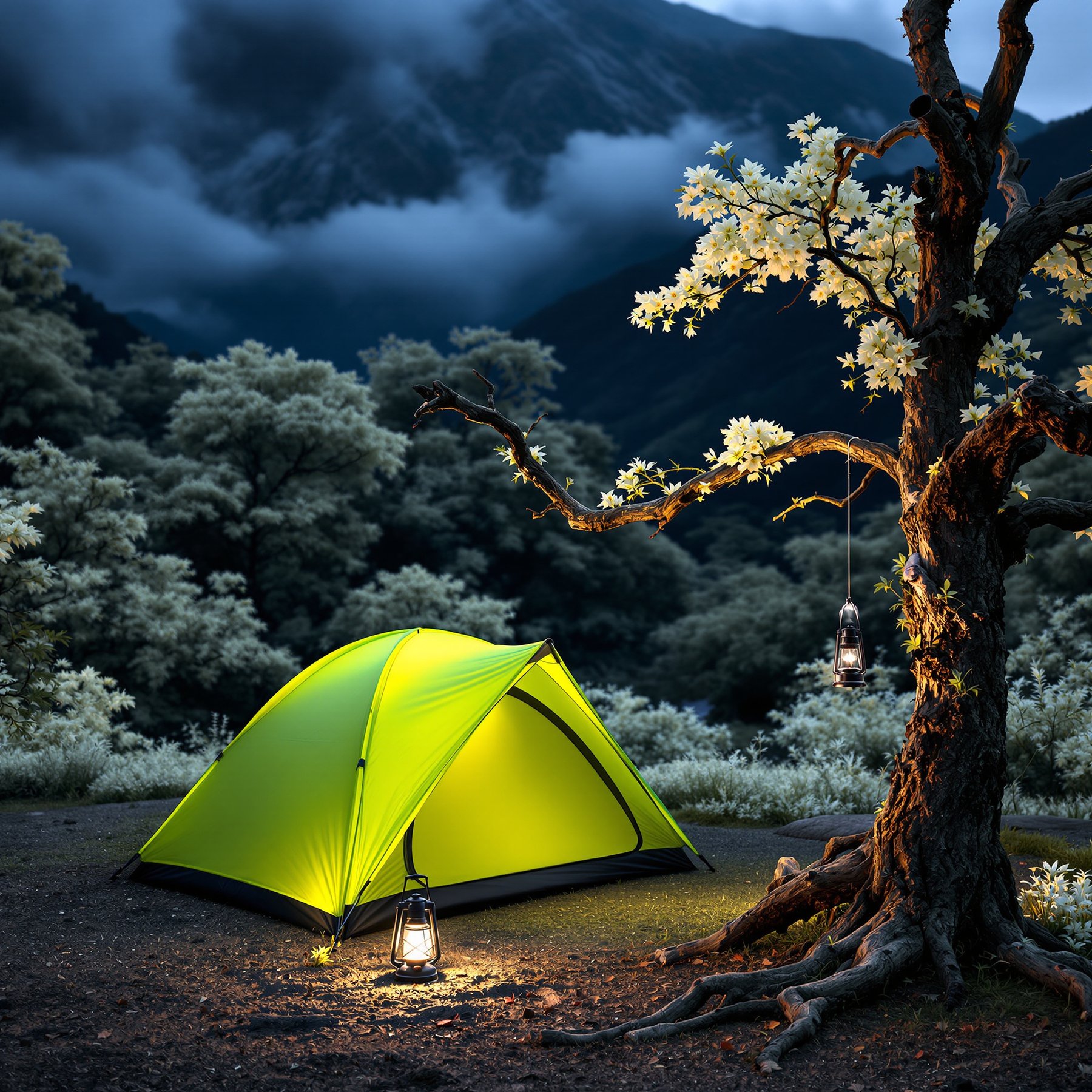A bright yellow tent glows under a big tree with lanterns hanging from its branches. Misty mountains and thick trees surround the campsite, making it feel cozy and magical. It's a peaceful place to enjoy nature and relax.