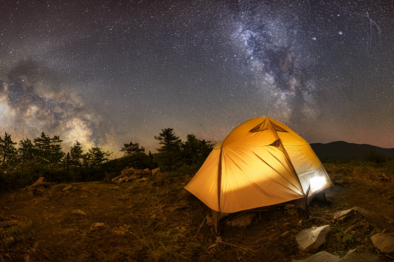 A tan tent glows softly on a paved campsite beneath a star-filled night sky. Rainy hills, rough ground, and large stone slabs surround a small dirt patch, creating a peaceful mountain retreat.