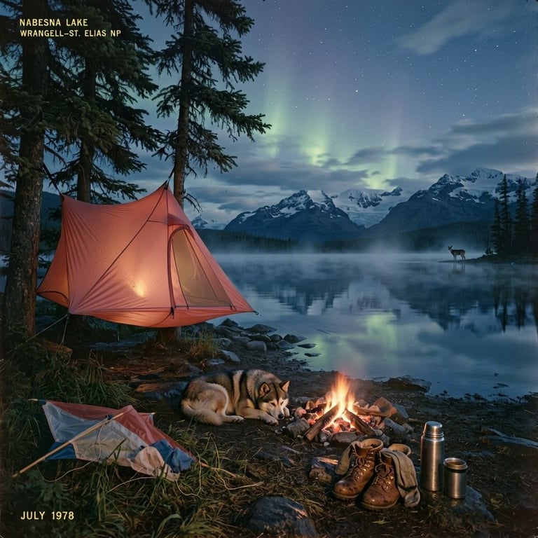 A quiet lakeside camp rests beneath dark spruce trees as stars and a soft green aurora shimmer on the still water. A coral tree tent, sleeping dog, warm campfire, and steaming coffee create a cozy glow in the cool blue dusk.