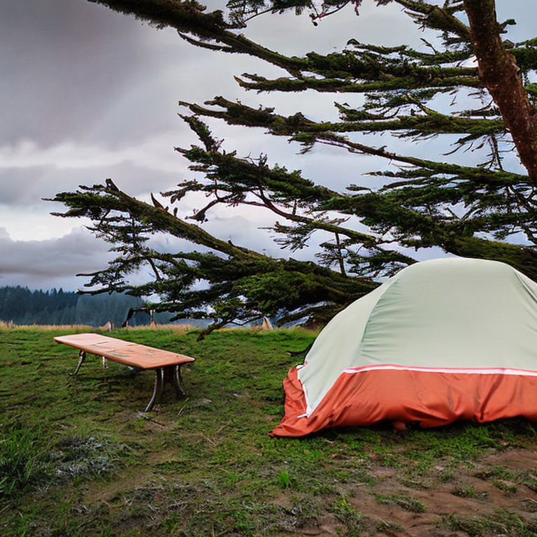 A cozy tent sits beside a glowing campfire on a sandy patch at Cannon Beach. Small trees, a picnic table, and a hammock line the dirt path, while stars peek through the stormy night sky.