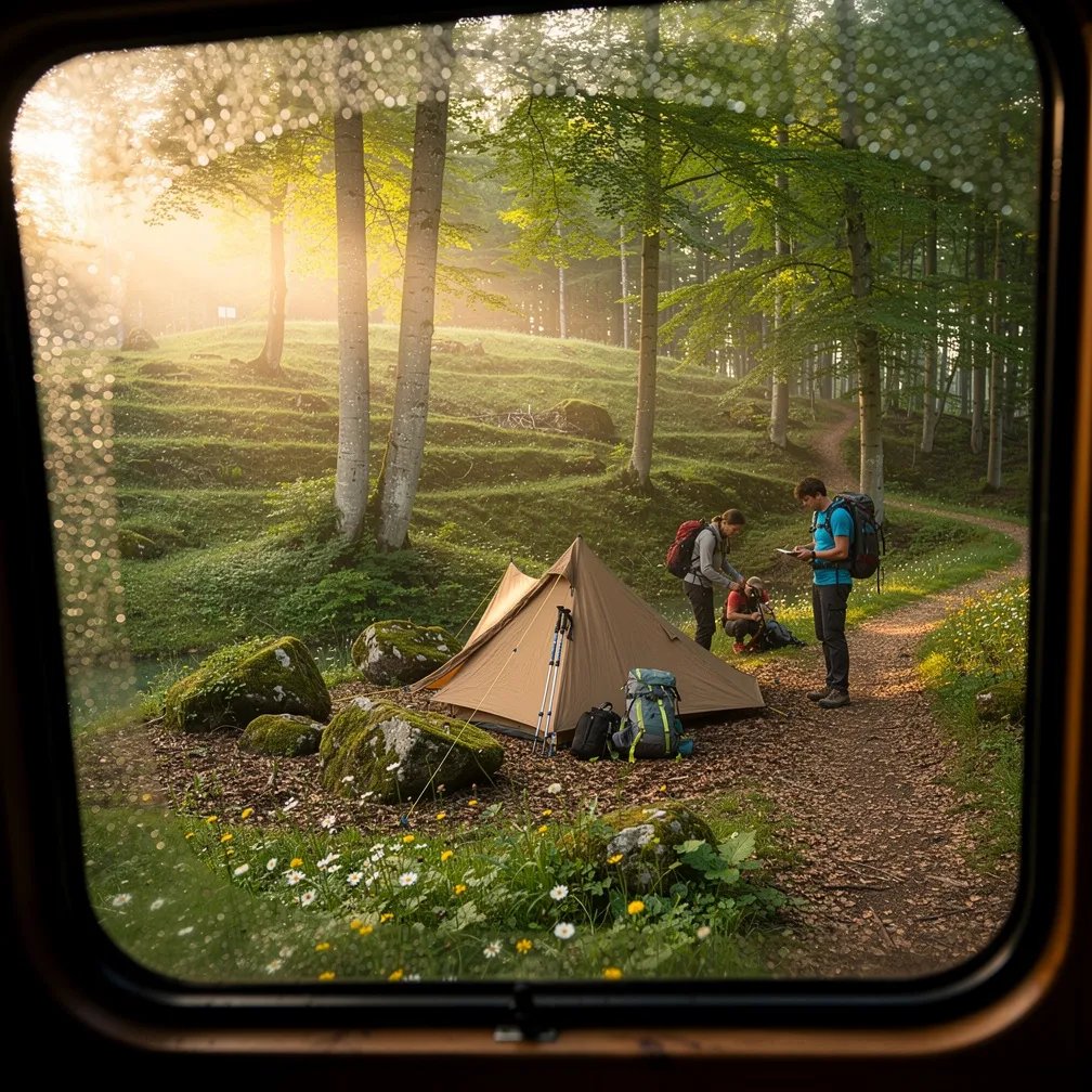 A cozy tan tent sits in a quiet forest clearing, surrounded by mossy rocks and bright wildflowers. Warm, golden sunlight shines through the beech trees, and a soft mist makes the air feel calm and dreamy. Two hikers get their gear ready while raindrops on the window sparkle in the foreground.