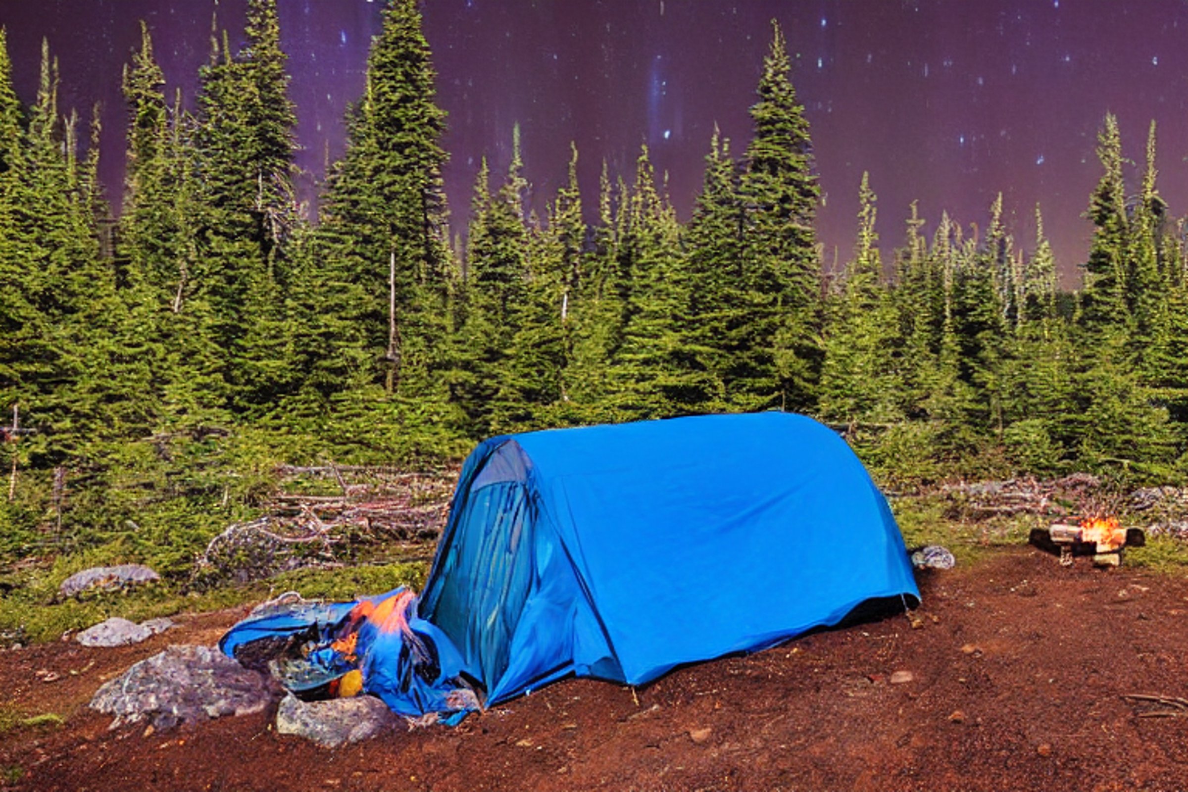A blue tent rests on a quiet dirt campsite in the Alaskan wilderness. Bright northern lights glow above the rainy forest, while a warm campfire flickers beside a large rock and wildflowers.