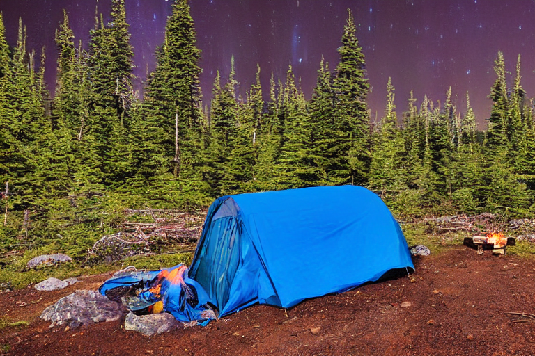 A blue tent rests on a quiet dirt campsite in the Alaskan wilderness. Bright northern lights glow above the rainy forest, while a warm campfire flickers beside a large rock and wildflowers.