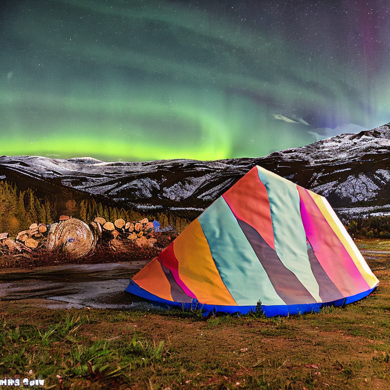 A colorful tent rests beside a small campfire on a quiet paved campsite in Norway. Tall mountains rise in the distance beneath cloudy skies, while green and purple northern lights dance above the moonlit night.