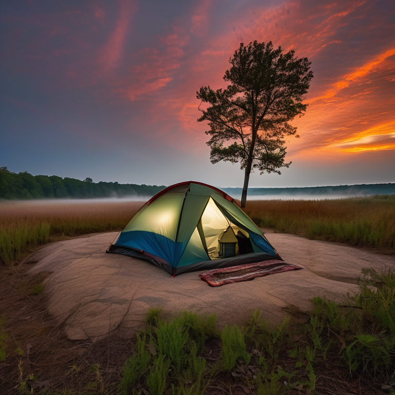 A colorful two-person tent rests beside a warm campfire in the foggy Ozarks. Tall grass, stone slabs, and a small lantern surround the dirt campsite as the sun sets through the trees.