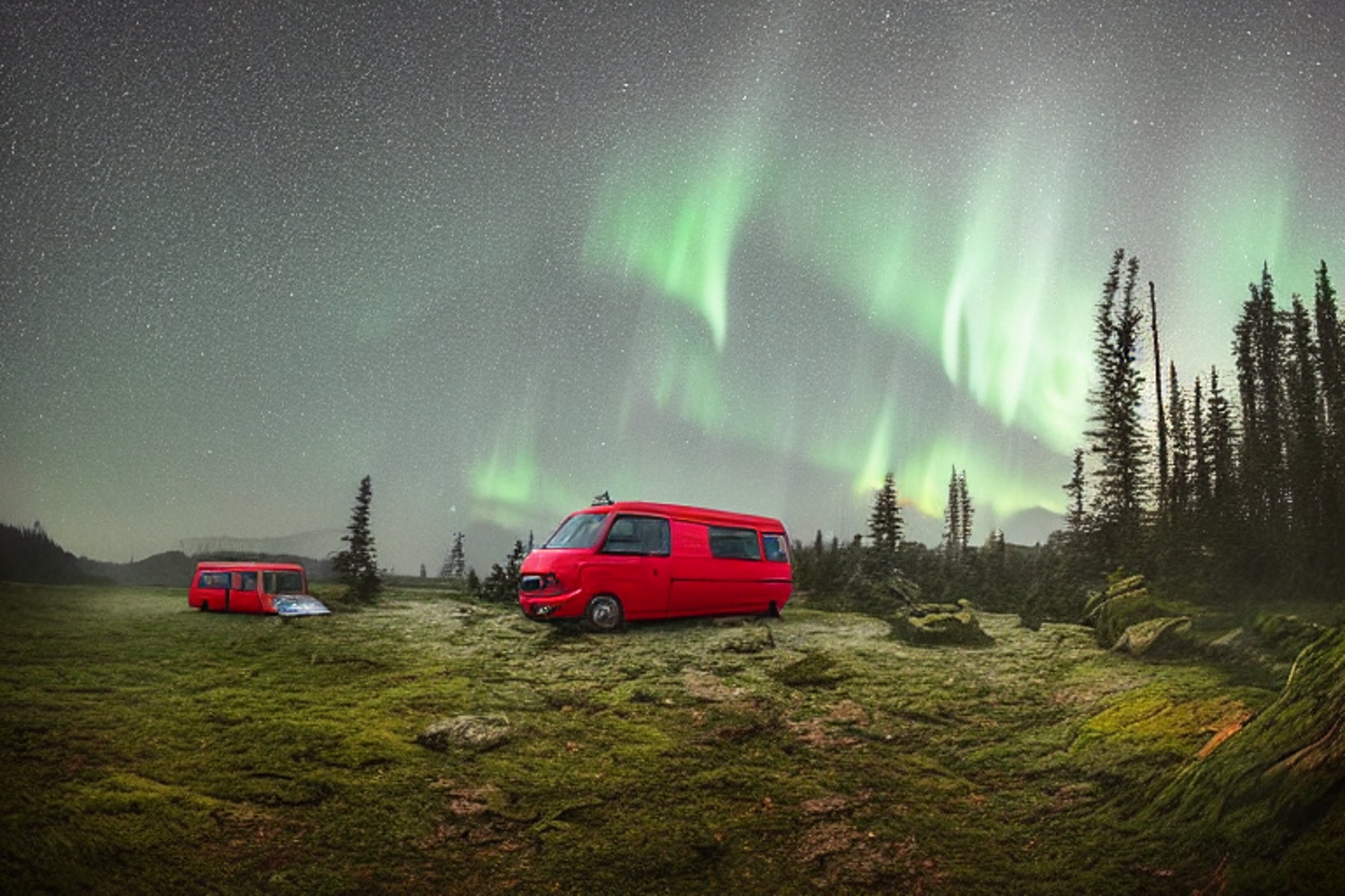 A red camper van rests beside a warm campfire on a quiet dirt patch. Mossy trees, large stone slabs, and rolling hills surround the campsite. Above, bright northern lights glow through the stormy night sky.