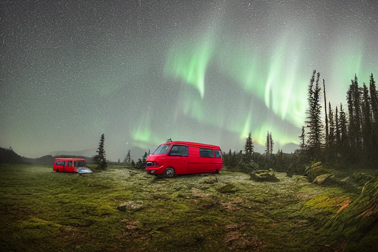 A red camper van rests beside a warm campfire on a quiet dirt patch. Mossy trees, large stone slabs, and rolling hills surround the campsite. Above, bright northern lights glow through the stormy night sky.