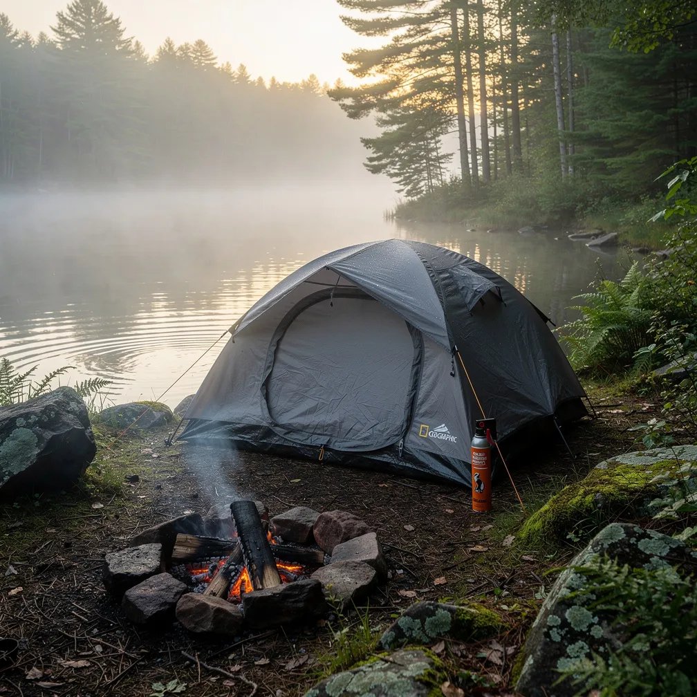A quiet tent sits on damp ground beside a calm lake, with ferns and mossy rocks all around. Soft sunrise light glows through the fog, and a thin ribbon of campfire smoke drifts up into the mist. The forest feels still and peaceful, like the whole world is whispering.