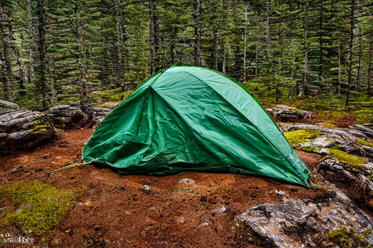 A green camo tent glows softly on a snowy campsite beneath a sky full of stars. Large rocks surround the dirt clearing, while a wooden guitar rests nearby.