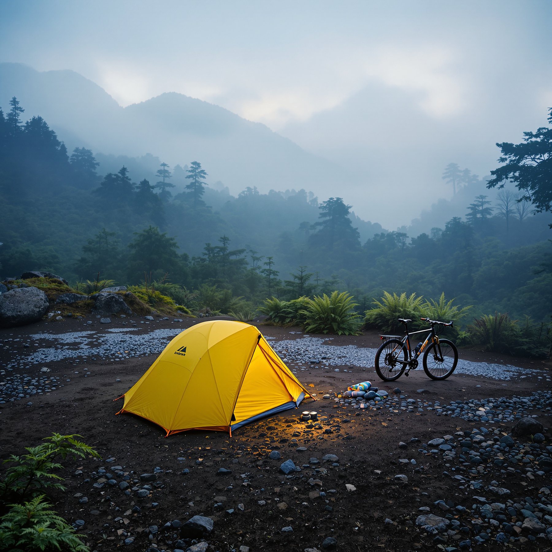 A bright yellow tent sits on rocky ground, surrounded by green ferns and tall trees. Misty mountains rise in the background, making the campsite feel peaceful and quiet. A bike is parked nearby, ready for an adventure.