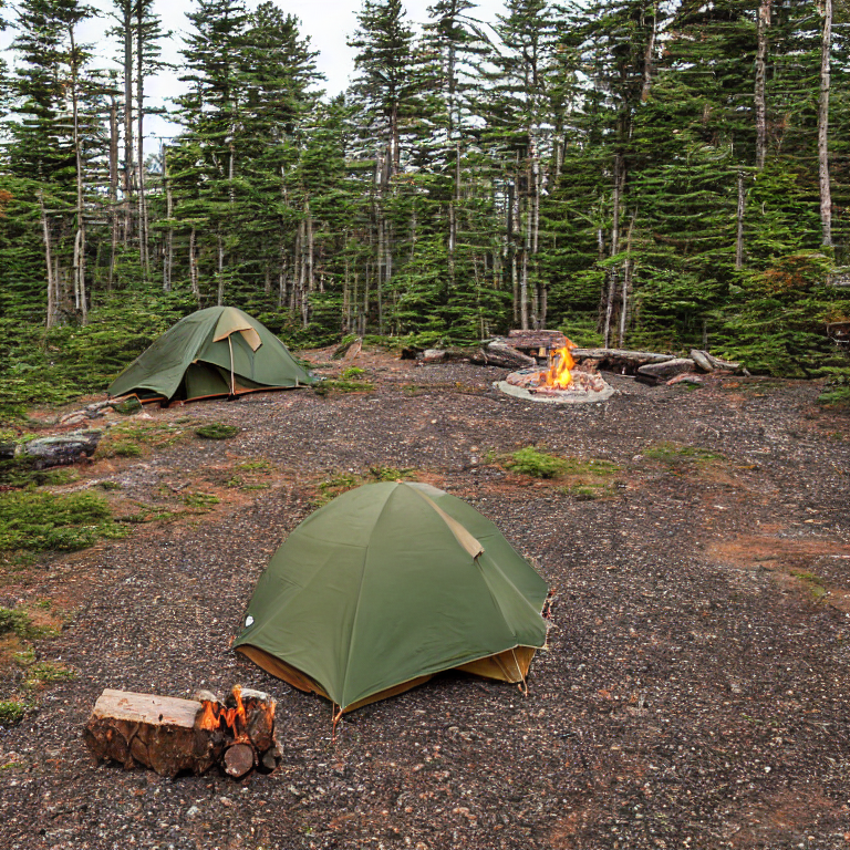 A green and tan tent rests on a quiet campsite in Acadia National Park. A small campfire glows among the stones, with flowers and logs nearby. Soft fog and sunset light create a calm, peaceful mood.