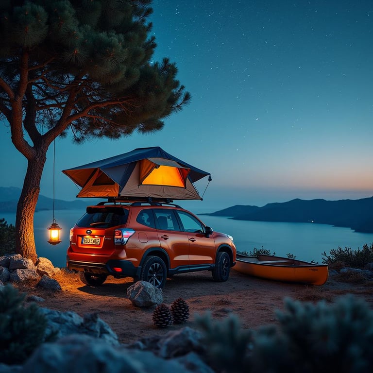 An orange Subaru campsite rests beneath a starry sky in Santorini, with a cozy rooftop tent open above it. Snow swirls around the pine-covered ground as meteors streak over the distant mountains. A glowing lantern hangs from a tree, and a canoe waits nearby.