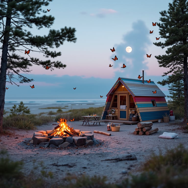 A cozy cabin sits by a glowing campfire, with butterflies fluttering in the evening air. The campsite is surrounded by tall pine trees and has a beautiful view of the water under a bright full moon. It feels peaceful and perfect for a night outdoors.