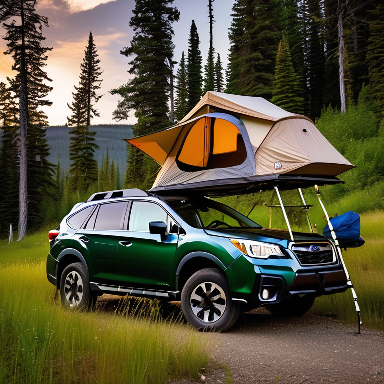 A forest green Subaru rests at a quiet campsite beneath a sky full of stars. Its rooftop tent is open, with a hammock hanging nearby and a warm lantern glowing on the ground. Tall grass and a dirt patch give the campsite a cozy, wild feel.