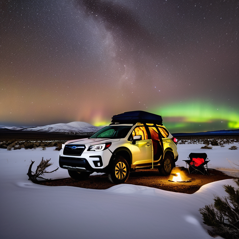 A brown Subaru rests at a snowy campsite in a quiet petrified forest. Its rooftop tent glows warmly beneath the dancing northern lights. Camping gear, a wooden guitar, and hikers add a cozy sense of adventure.