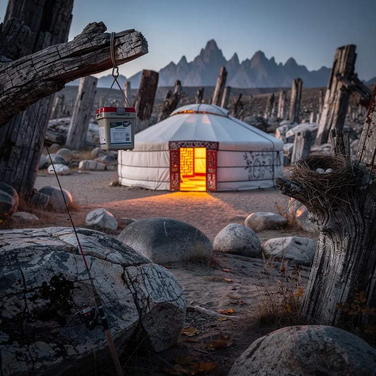 A red-and-white ger sits on a sandy clearing in a strange forest of stone trees and scattered boulders. Cool twilight mist hangs low, while a warm lantern glow spills from the open doorway. A fishing rod rests on a petrified log, and a food bag hangs high from a strong branch near a tiny bird’s nest. Far away, dark mountains line the quiet horizon.