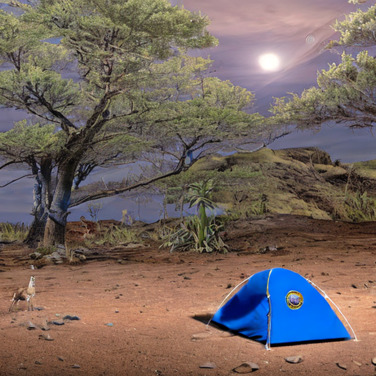 A blue and gray tent rests on a quiet dirt campsite in Hawaii. A warm campfire glows beside a large log and scattered stones, while a deer stands in the distance under a cloudy, moonlit sky.
