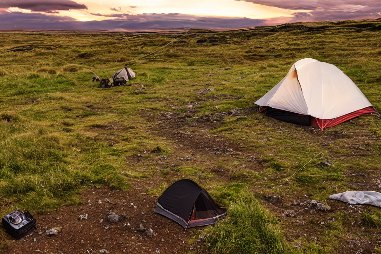 A cozy tent sits beside a glowing campfire in Iceland’s tall, windswept grass. A dirt path leads toward a distant person carrying a flashlight, while clothes hang from a nearby line. Stormy clouds fill the sunset sky, giving the campsite a wild, peaceful feeling.