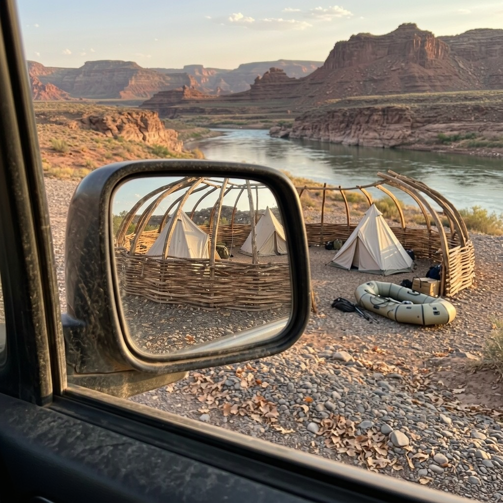 A riverside tent camp is seen from a parked car. Pale tents sit inside a woven enclosure beneath red cliffs.