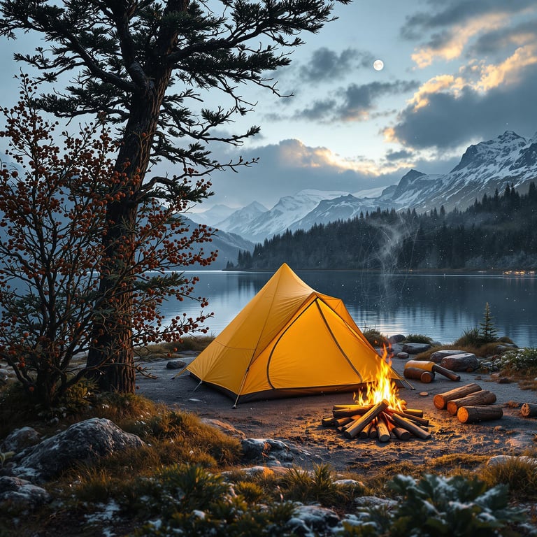 A bright yellow tent rests in a quiet Norwegian forest beneath a partly cloudy sky. A small campfire glows beside the logs, while berry bushes and a spider web add little touches of wild beauty. Light sleet falls as the moon peeks through the clouds.