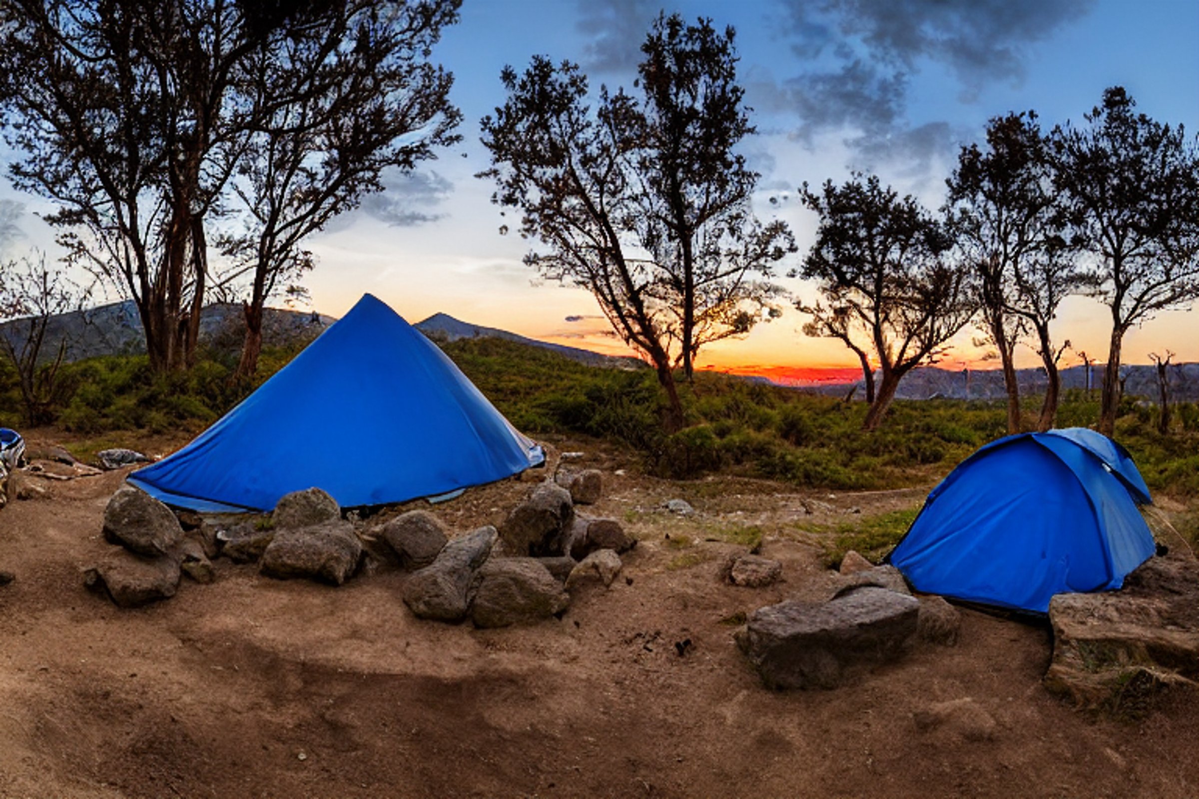 A bright blue tent rests on a rough dirt campsite beside a warm, steaming hot spring. A stone-ringed campfire and wooden logs sit nearby, with a large rock adding to the wild landscape. The clear sunset sky fills the campsite with soft golden light.