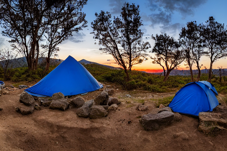 A bright blue tent rests on a rough dirt campsite beside a warm, steaming hot spring. A stone-ringed campfire and wooden logs sit nearby, with a large rock adding to the wild landscape. The clear sunset sky fills the campsite with soft golden light.
