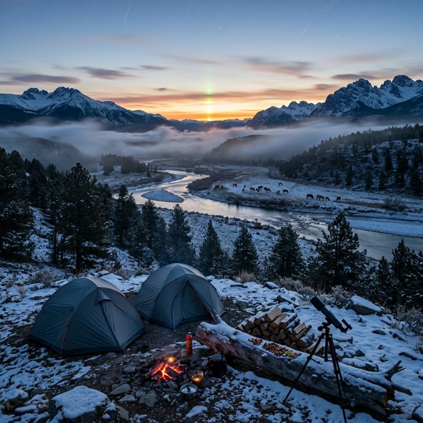 Snow blankets this quiet campsite in Paradise Valley, with dark pine trees and foggy mountains all around. Two gray tents sit beside glowing embers, a telescope, firewood, and a fallen log. Far away, wild horses graze beneath the fading sunset and first stars.
