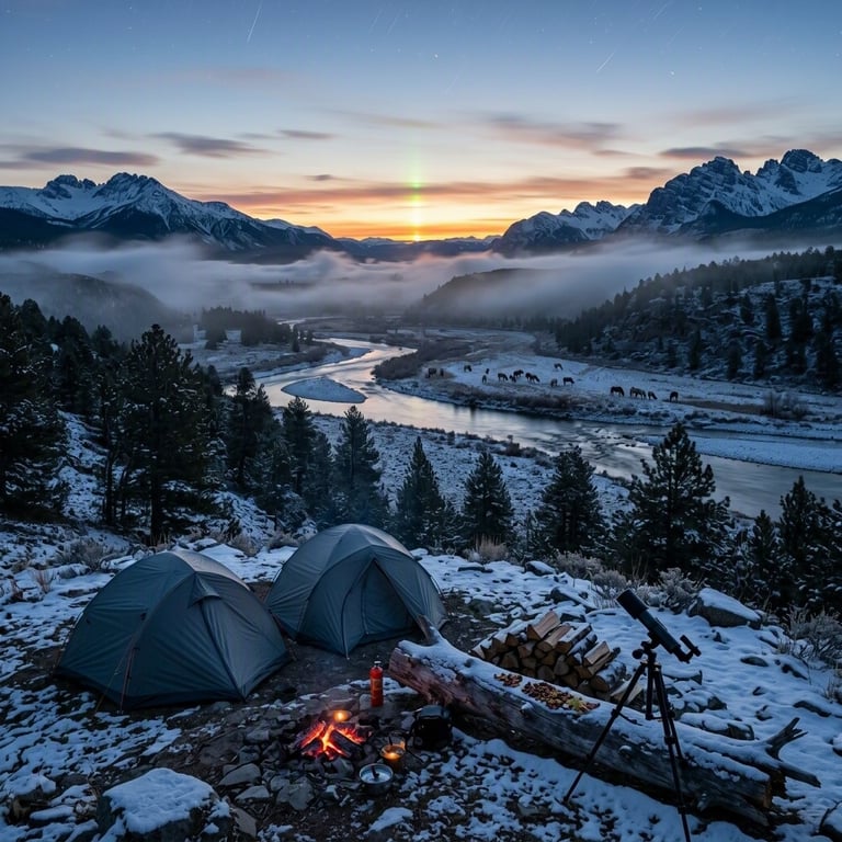 Snow blankets this quiet campsite in Paradise Valley, with dark pine trees and foggy mountains all around. Two gray tents sit beside glowing embers, a telescope, firewood, and a fallen log. Far away, wild horses graze beneath the fading sunset and first stars.
