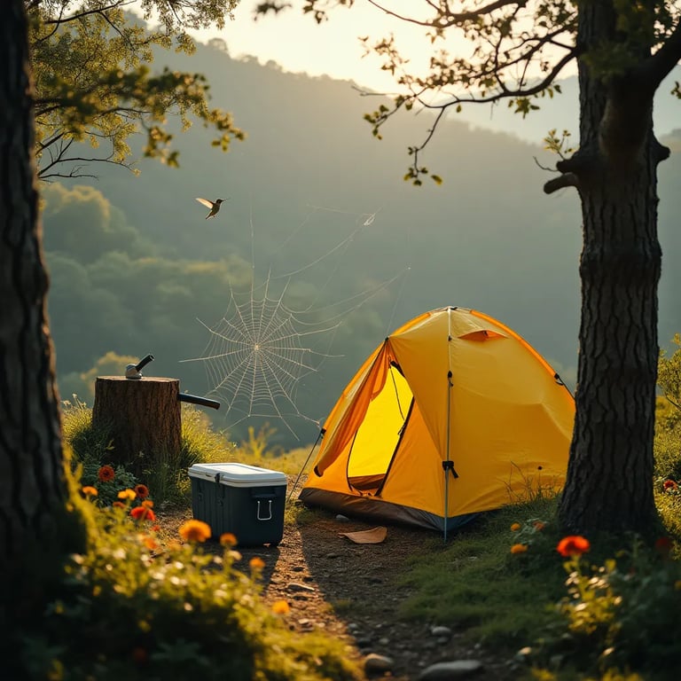 A bright yellow tent rests among the trees of Shenandoah National Park beneath stormy skies. Flowers, a cooler, and an axe in a stump surround the campsite, while a hummingbird visits a nearby bloom. A delicate spider web glows between two trees.
