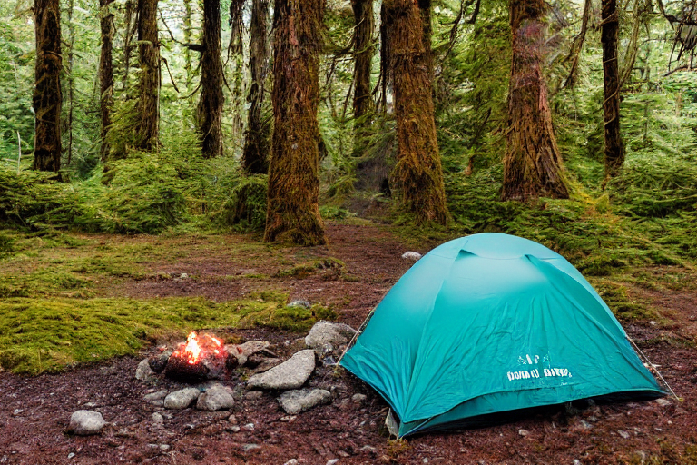 A teal tent rests beside a warm campfire on a mossy Vancouver Island campsite. Rain falls over the stone-strewn ground as the sunset glows through the trees, with a backpack nearby and a parking spot close by.