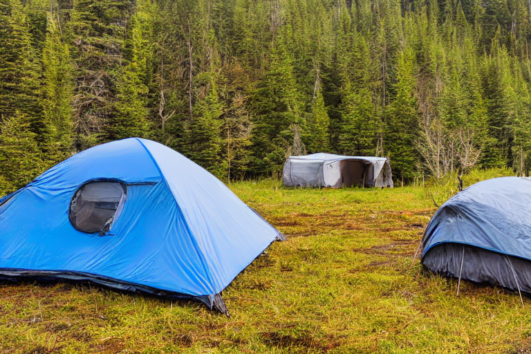 A cozy blue and gray tent rests beside a warm hot spring under glowing northern lights. A small campfire crackles on the dirt, while a stream winds through the grassy campsite. Misty air and a distant deer make the quiet night feel magical.