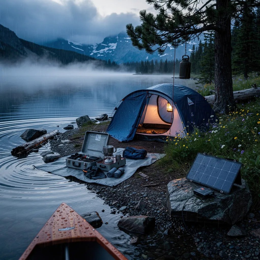 A quiet alpine lake sits in the mist at twilight, with rain making the rocks shine. A navy tent glows softly from a lantern near the treeline, beside a tarp of gear and a small solar panel on a rock. Wildflowers dot the meadow behind the shore, and a bear can hangs high from a branch. From the water, a canoe glides toward the campsite as ripples spread across the dark blue lake.