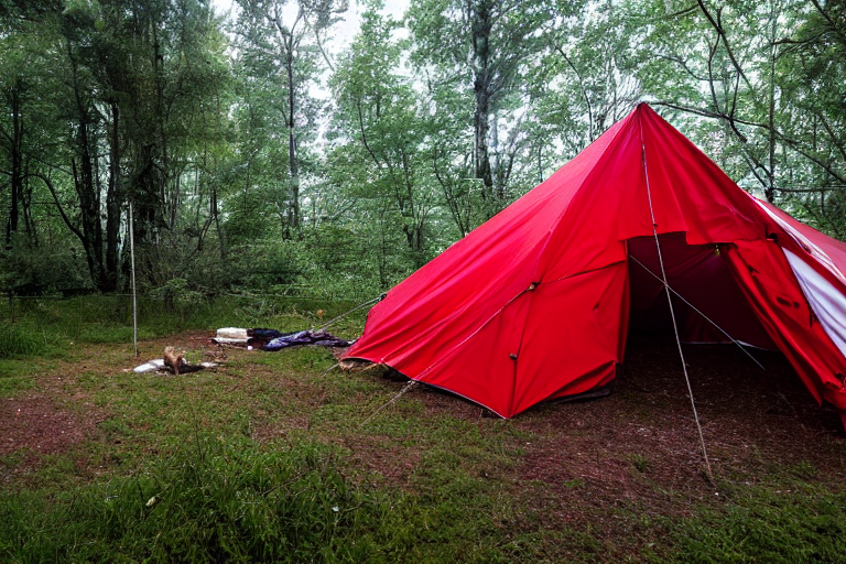 A red and white tent rests on a muddy campsite in a quiet forest. Tall grass, large stone slabs, and thick bushes surround the area. Clothes hang from a line as soft rain falls beneath the dark night sky.