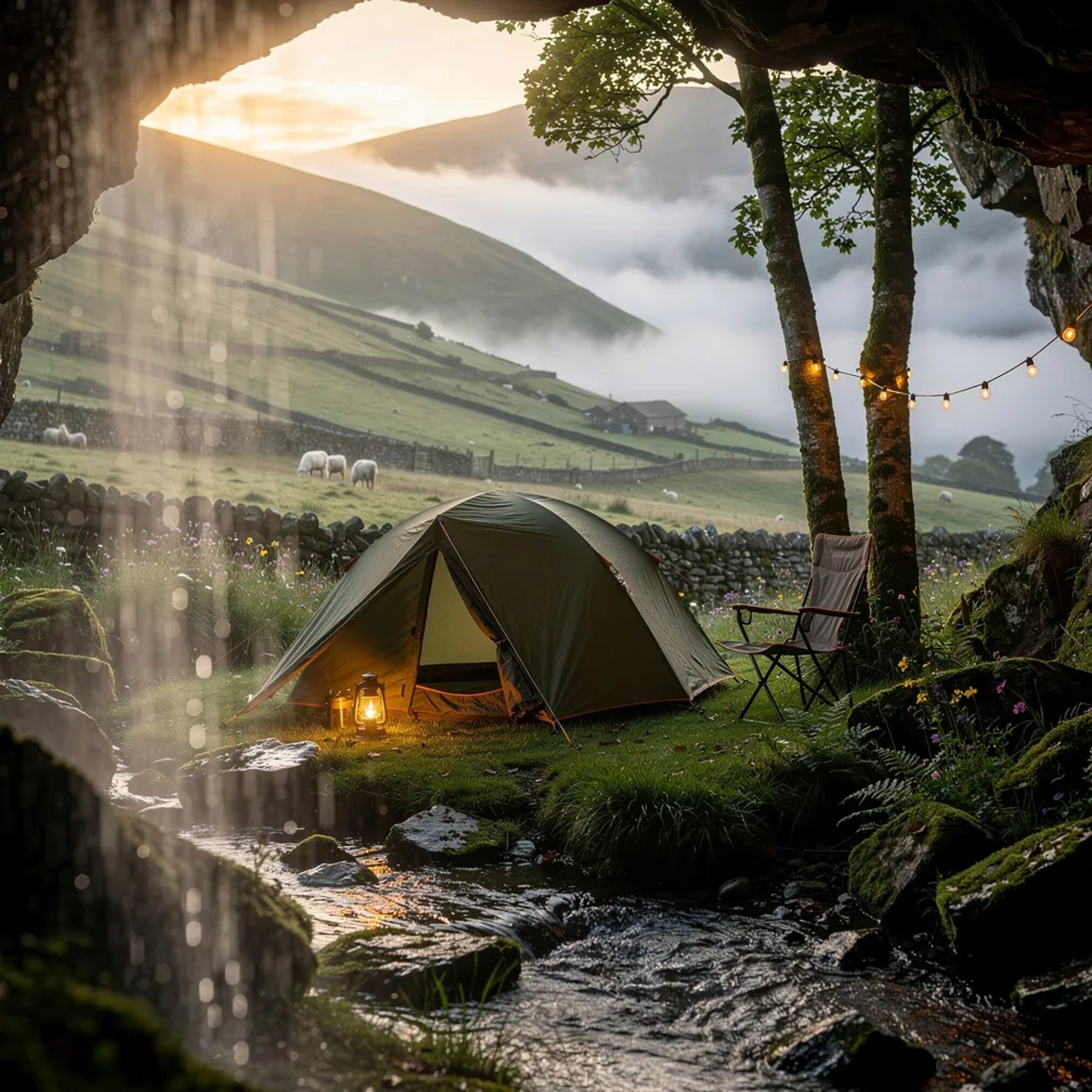 A small olive-green tent sits by a quiet stream in a remote valley, surrounded by lush grass and mossy rocks. Soft mist drifts in from a nearby waterfall, and low clouds rest in the distance. A warm lantern and tiny string lights glow as the wet stones sparkle in the sunset light.