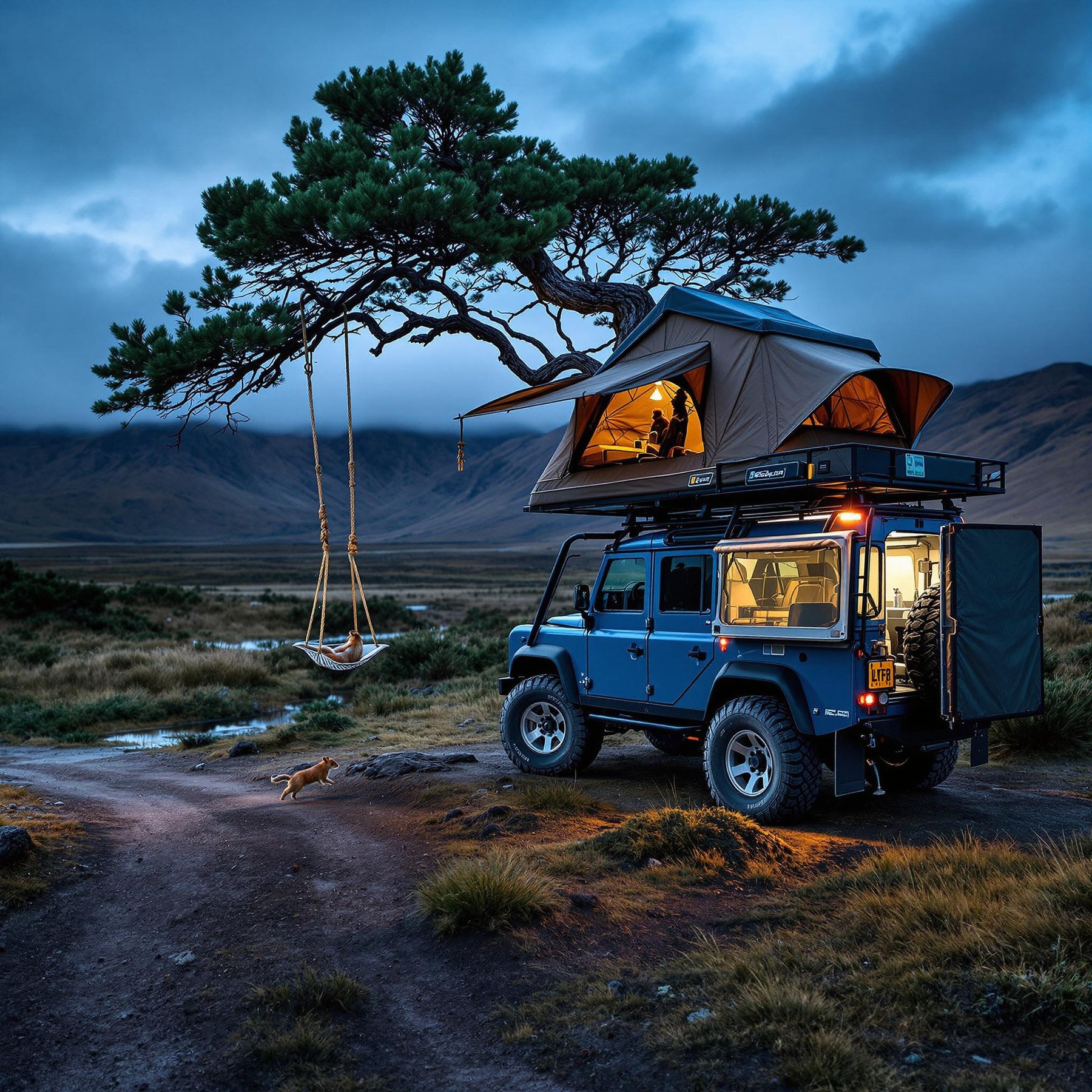 Nestled under a friendly, crooked tree, this cozy campsite is set against stunning mountains and open fields. A cozy tent perched on a rugged car glows warmly, while a playful cat explores the evening. The air is fresh, and adventure waits just beyond the horizon.