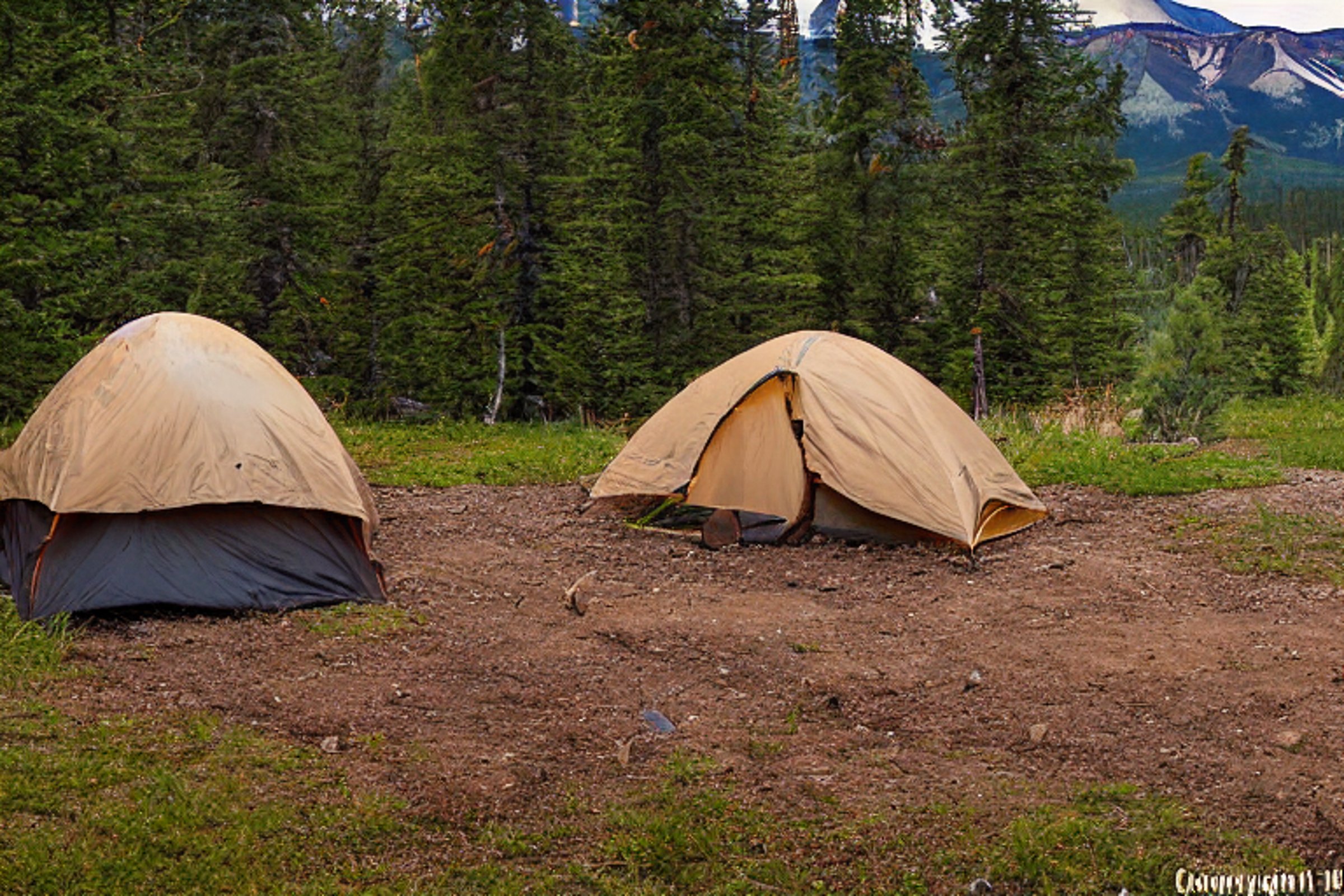 A brown tent rests on a rough, dirt-covered campsite in Montana as rainy dusk settles in. Camping chairs sit near a campfire and a large wooden log, with the paved ground and wild terrain stretching around them.