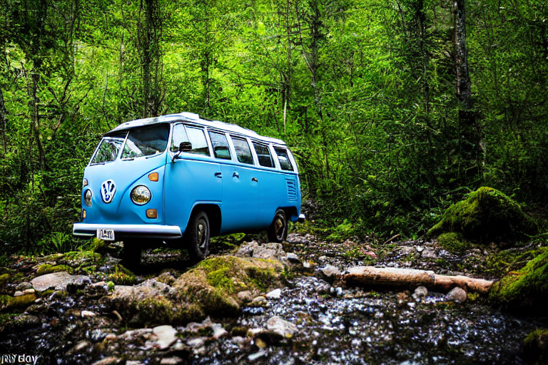 A gray and blue camper van rests on a quiet dirt clearing in the Smoky Mountains. A gentle stream winds past mossy boulders and tall grass, while birds fly beneath the clear evening sky. Fallen leaves add a cozy touch to the peaceful campsite.