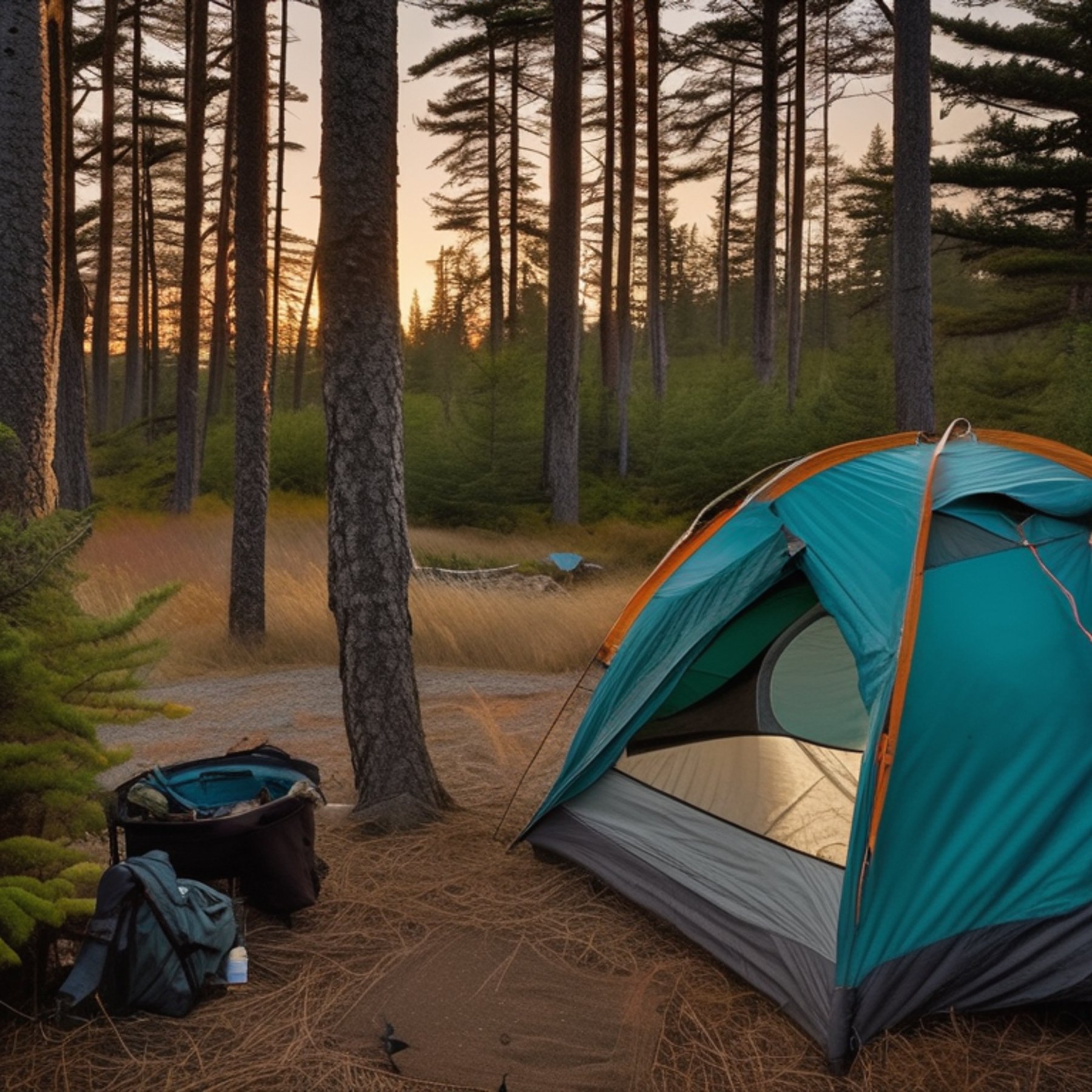A teal tent rests on a paved campsite along the rocky Maine coast. Overgrown grass, rough ground, and a small twig add a wild touch, while hikers enjoy the calm dusk beneath a clear sky.