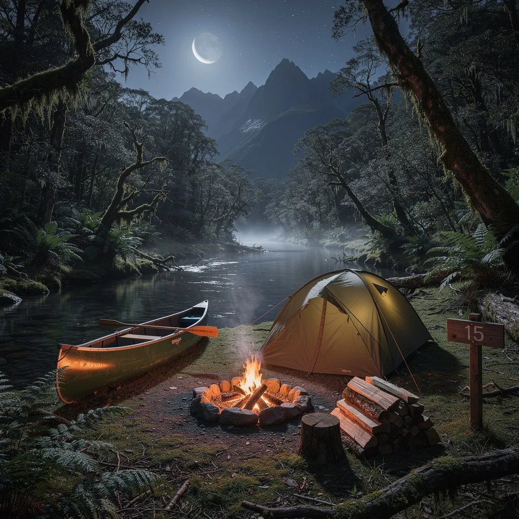 A small olive-green tent sits on wet, mossy ground beside a narrow stream, surrounded by ferns and tall trees. A canoe rests on the bank, and a tiny campfire glows warm and orange, lighting up a neat stack of firewood. Above, a thin crescent moon and faint stars shine over dark mountain shapes, with a soft mist drifting over the water. A rustic wooden sign nearby reads “15.”