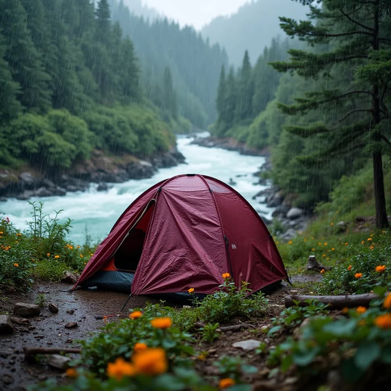 A burgundy tent rests beside a rushing river in a rainy forest. Small flowers and twigs dot the damp ground, creating a cozy wilderness camp seen from above.