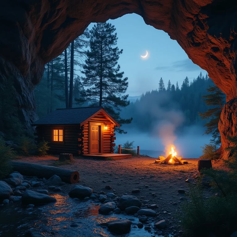 A cozy cabin rests beneath a natural stone arch in the quiet night. A campfire glows on the rocky ground as smoke and river mist drift through the trees. Above, a crescent moon and bright stars shine through the clearing.