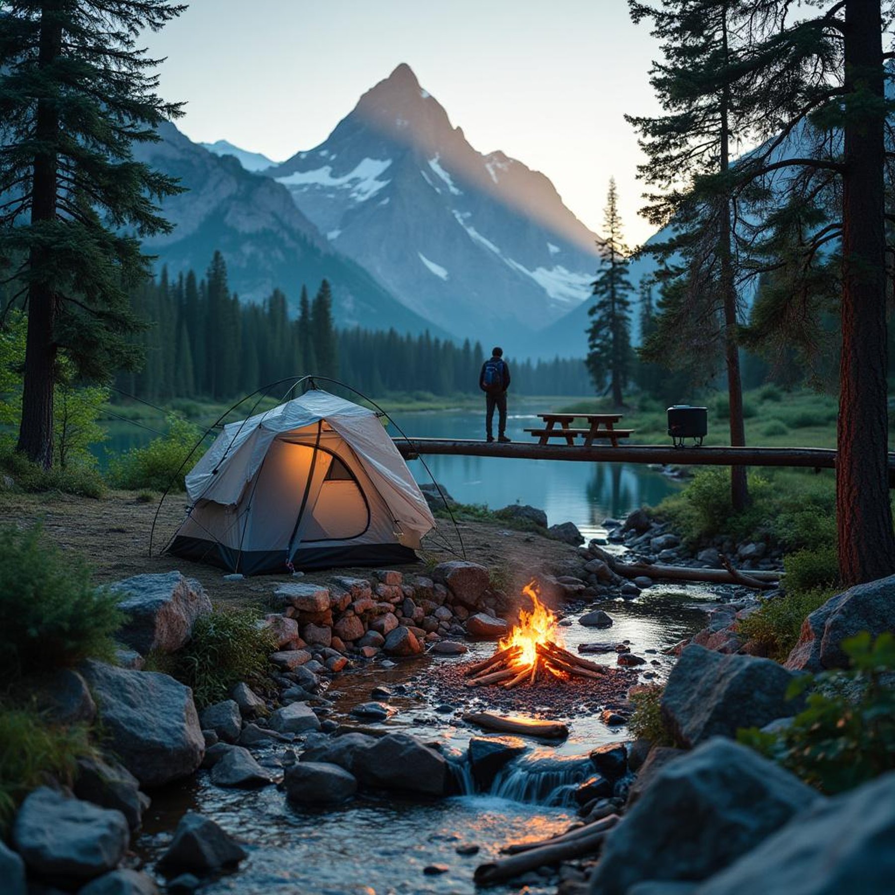 A blue tent rests beside a babbling brook in a peaceful mountain camp. Hikers gather near a warm campfire, with a picnic table and bear-proof food container nearby. The setting sun paints the clear sky gold behind the mountains.