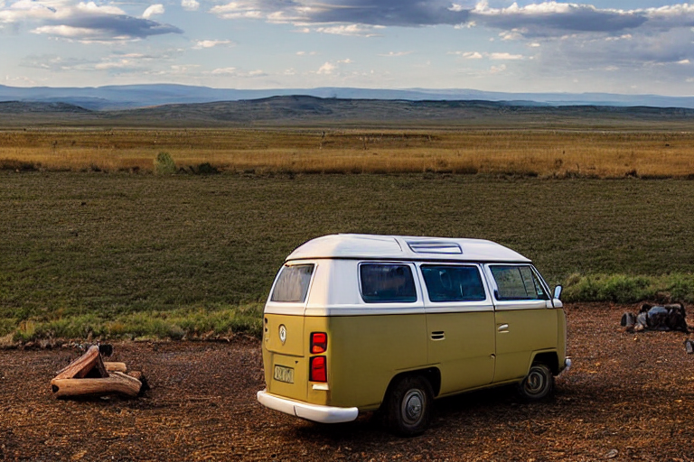 A cozy VW campervan rests on a rough dirt campsite in the open Idaho plains. Leaves cover the ground, while a campfire glows beside a large wooden log beneath the wide night sky.